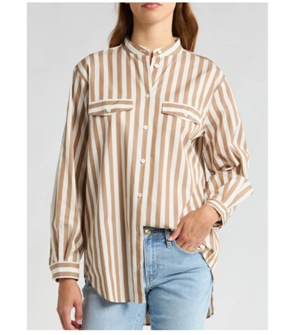 FRAME Striped Cotton Poplin Button Up Tunic Shirt Mocha Pocket Top Small